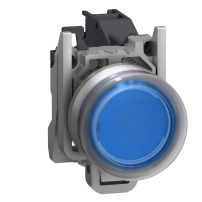 Цялостен бутон, Harmony XB4 - ATEX D, син с капаче, метален, 22mm,  пружинно връщане, 1NO, за вмъкване на легенда