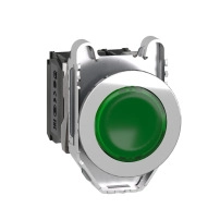 Harmony XB4, Светещ бутон за вграден монтаж, метал, зелен, O30, вграден LED, 230V AC 1 NO + 1 NC