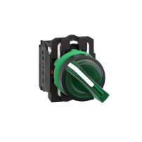 SCHNEIDER ELECTRIC Illuminated selector switch, green handle, 22mm, LED, 2 pos., 1NO+1NC, 24V AC/DC